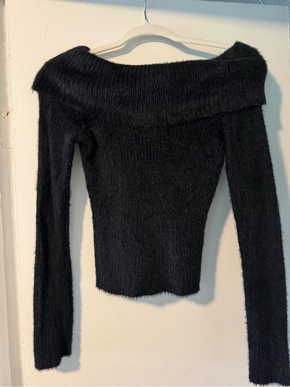 Off-Shoulder Black Fuzzy Knit Sweater
